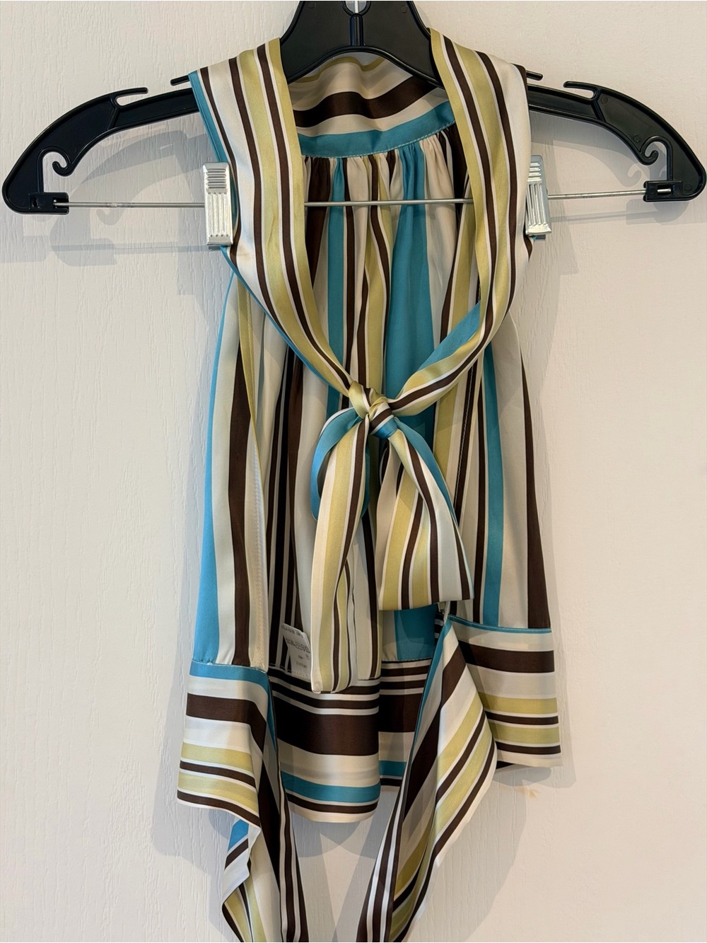 Tara Jarmon Teal, Brown & Cream Striped Silk Backless Halter Top